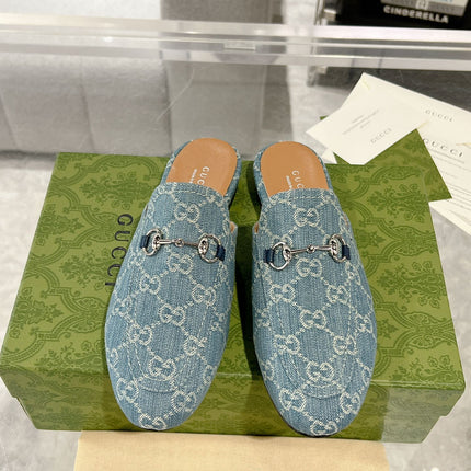 MEN'S MULE WITH HORSEBIT IN SAPHIRE BLUE MONOGRAM JACQUARD FABRIC