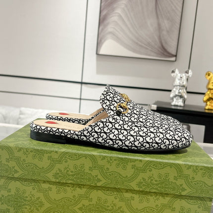 MEN'S MULE WITH HORSEBIT IN BLACK MIX WHITE MONOGRAM JACQUARD FABRIC