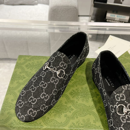 MEN'S LOAFER WITH HORSEBIT IN BLACK MONOGRAM JACQUARD FABRIC