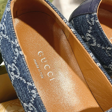 MEN'S LOAFER WITH HORSEBIT IN DENIM BLUE MONOGRAM JACQUARD FABRIC