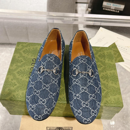 MEN'S LOAFER WITH HORSEBIT IN DENIM BLUE MONOGRAM JACQUARD FABRIC