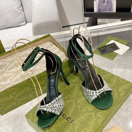 GG CRYSTAL ASTLETON GREEN HIGH HEEL SANDALS SATIN
