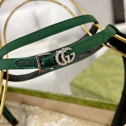 GG CRYSTAL ASTLETON GREEN HIGH HEEL SANDALS SATIN