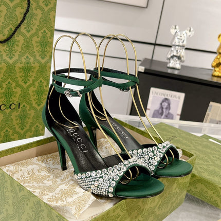 GG CRYSTAL ASTLETON GREEN HIGH HEEL SANDALS SATIN