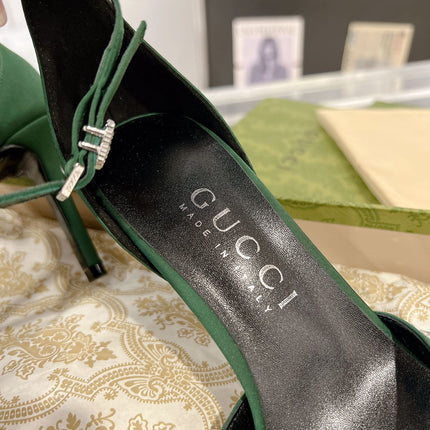 GG CRYSTAL ASTLETON GREEN HIGH HEEL SANDALS SATIN