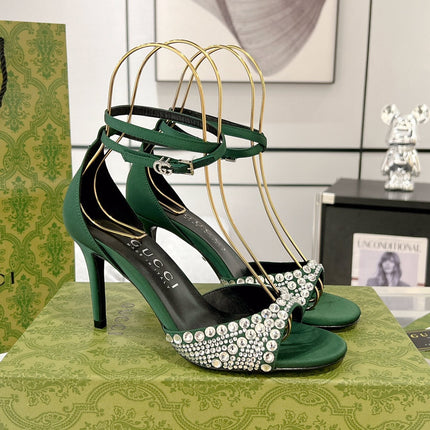 GG CRYSTAL ASTLETON GREEN HIGH HEEL SANDALS SATIN