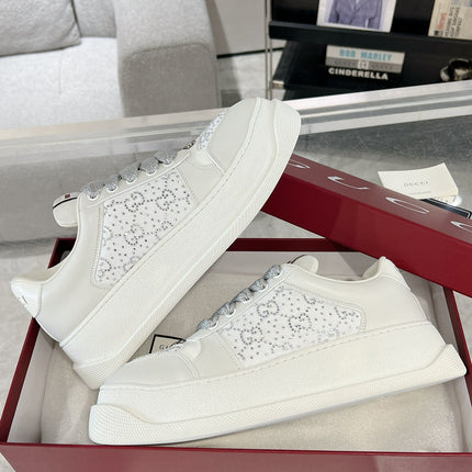 GG SCREENER SNEAKER WITH CRYSTALS IN IVORY BEIGE MIX RHINO GRAY CALFSKIN