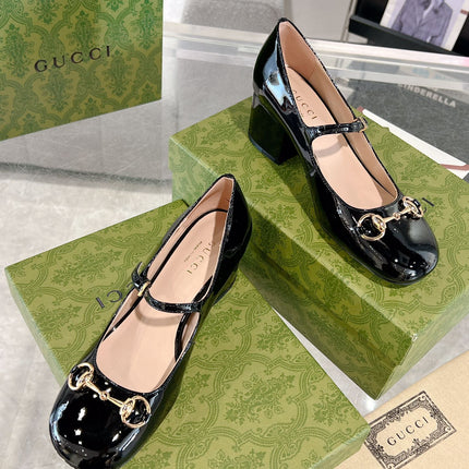 HORSEBIT MARY JANE HEEL IN BLACK CALFSKIN GOLD HARDWARE