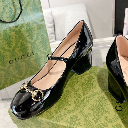 HORSEBIT MARY JANE HEEL IN BLACK CALFSKIN GOLD HARDWARE