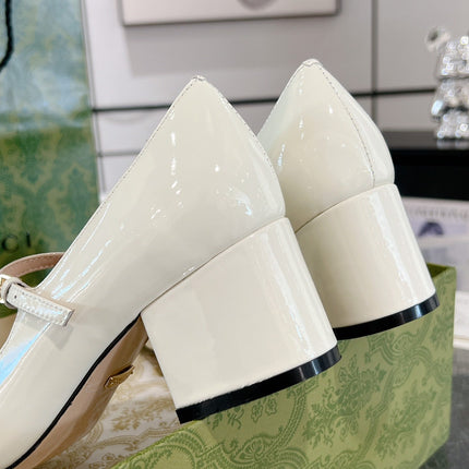 HORSEBIT MARY JANE HEEL IN WHITE CALFSKIN GOLD HARDWARE