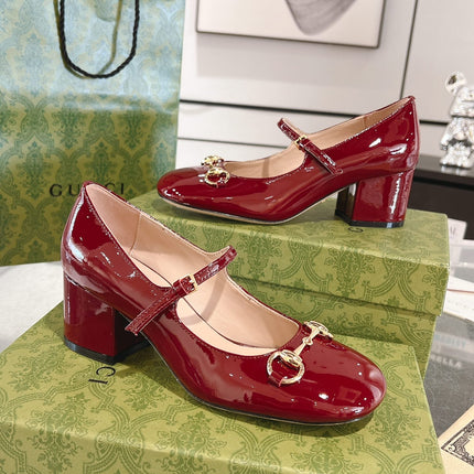 HORSEBIT MARY JANE HEEL IN CRIMSON RED CALFSKIN GOLD HARDWARE