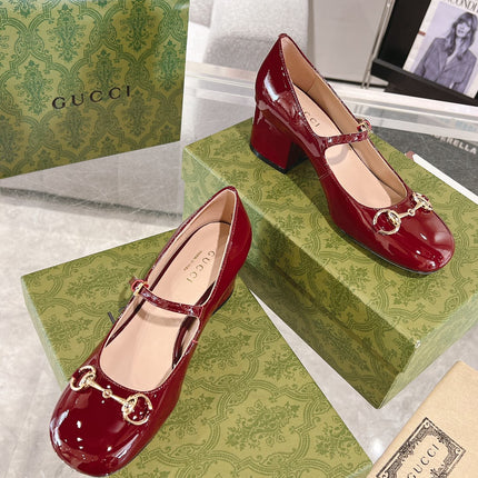 HORSEBIT MARY JANE HEEL IN CRIMSON RED CALFSKIN GOLD HARDWARE