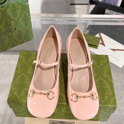 HORSEBIT MARY JANE HEEL IN LIGHT PINK CALFSKIN GOLD HARDWARE
