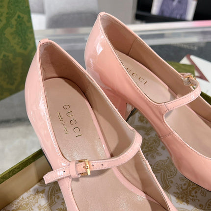 HORSEBIT MARY JANE HEEL IN LIGHT PINK CALFSKIN GOLD HARDWARE