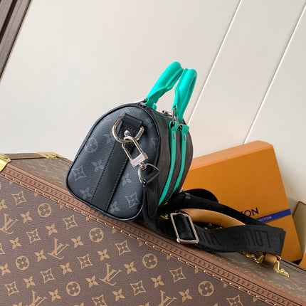 LV 25S KEEPALL 25 WITH SHOULDER STRAP IN BLACK AQUA COATED MONOGRAM ECLIPSE CANVAS AND CALFSKIN