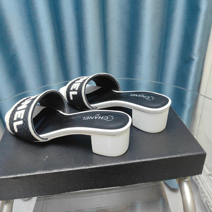 MULE SANDAL 45 WHITE BLACK FABRIC EMBROIDERY