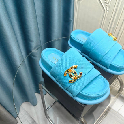 PLATFORM HEELS SANDALS IN SAPPHIRE BLUE WOOLEN FABRIC