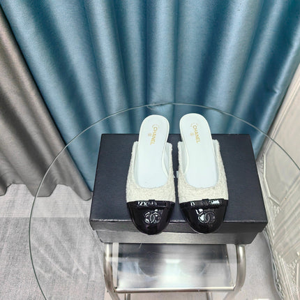 MULE IN WHITE TWEED AND BLACK LAMBSKIN