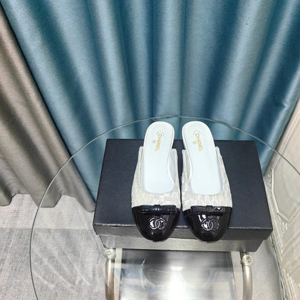 MULE IN WHITE SATIN MIX BLACK LAMBSKIN