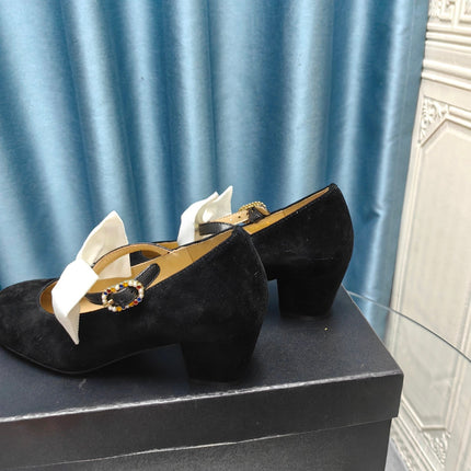HIGH MARY JANE SHOES BLACK SUEDE WITH WHITE BOW