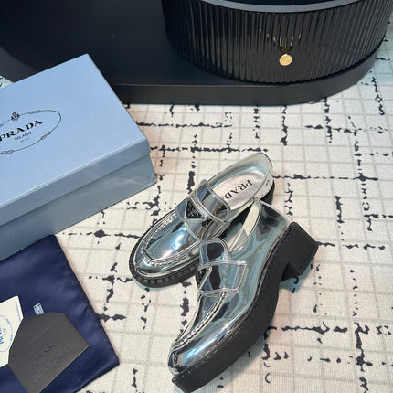 PRA SCHOCOLATE BRUSHED LOAFERS GLOSSY SILVER CALFSKIN