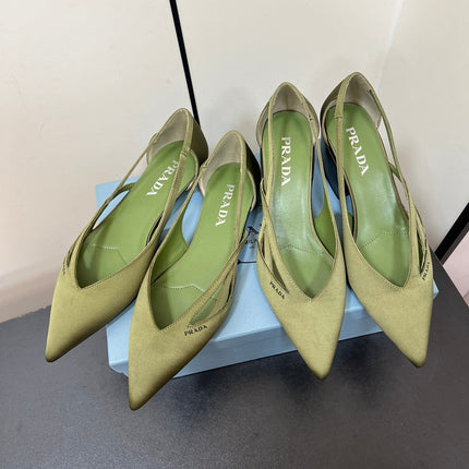 CUT-OUT BALLERINAS IN OLIVE GREEN SATIN