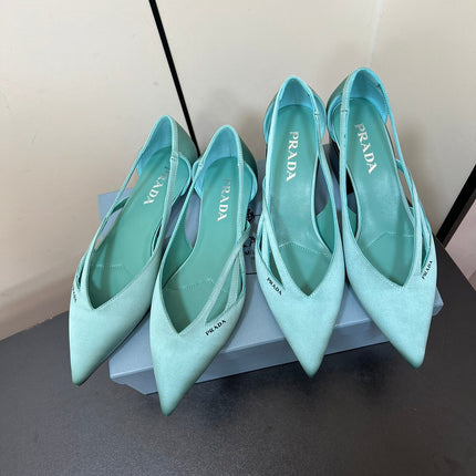 CUT-OUT BALLERINAS IN TURQUOISE BLUE SATIN