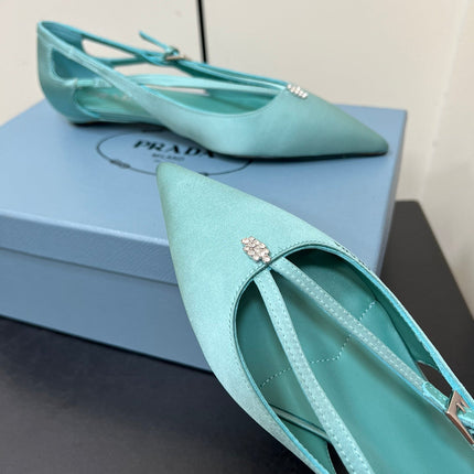 CUT-OUT BALLERINA FLAT IN TURQUOISE BLUE SATIN ATTACHED BEAD BUCKLE