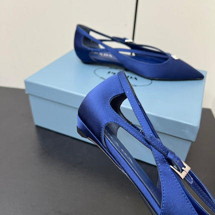 CUT-OUT BALLERINA FLAT IN NAVY BLUE SATIN ATTACHED BEAD BUCKLE