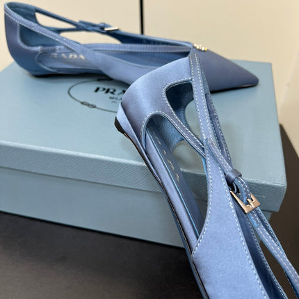 CUT-OUT BALLERINA FLAT IN PERANO BLUE SATIN ATTACHED BEAD BUCKLE