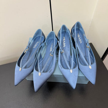 CUT-OUT PUMPS WITH BEAD BUCKLE IN PERANO BLUE SATIN