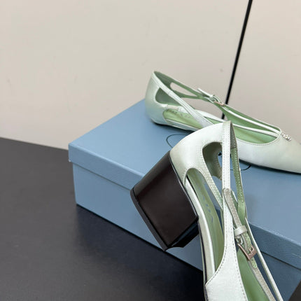 CUT-OUT PUMPS WITH BEAD BUCKLE IN CHETWODE GREEN SATIN