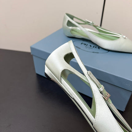 CUT-OUT BALLERINA FLAT IN CHETWODE GREEN SATIN ATTACHED BEAD BUCKLE