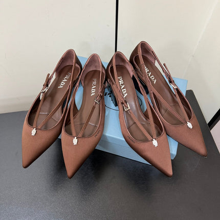 CUT-OUT BALLERINA FLAT IN CHOCOLATE BROWN SATIN ATTACHED BEAD BUCKLE