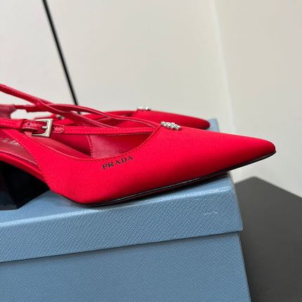 CUT-OUT PUMPS WITH BEAD BUCKLE IN CLASSIC RED SATIN