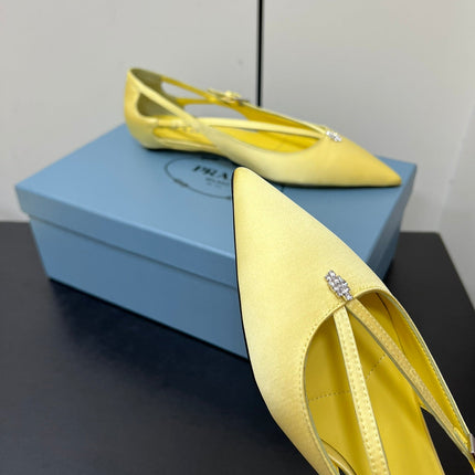 CUT-OUT BALLERINA FLAT IN LIGHT YELLOW SATIN ATTACHED BEAD BUCKLE