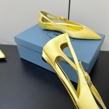 CUT-OUT BALLERINA FLAT IN LIGHT YELLOW SATIN ATTACHED BEAD BUCKLE