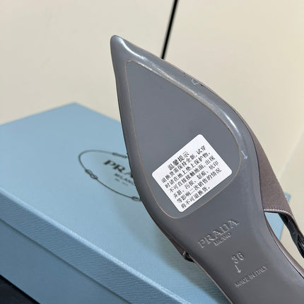 CUT-OUT BALLERINA FLAT IN WARM GRAY SATIN ATTACHED BEAD BUCKLE