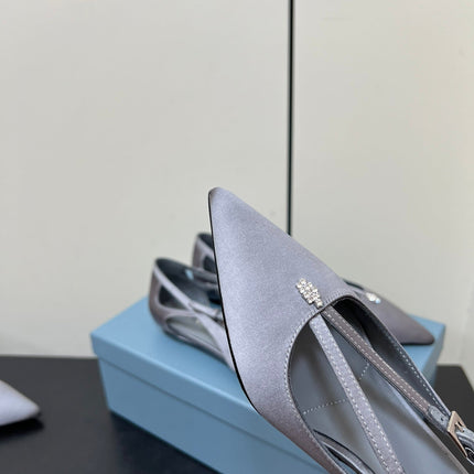 CUT-OUT BALLERINA FLAT IN WARM GRAY SATIN ATTACHED BEAD BUCKLE