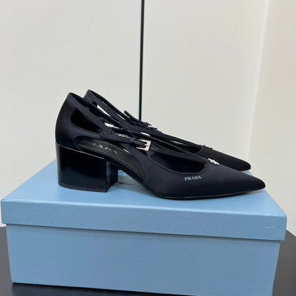 CUT-OUT PUMPS WITH BEAD BUCKLE IN BLACK SATIN