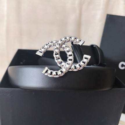 DOUBLE C BELT 30MM IN BLACK CALFSKIN SILVER CHAIN BUCKLE