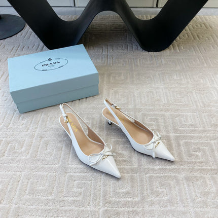 SLINGBACK PUMPS ATTACHED BOW IN WHITE GLOSSY CALFSKIN