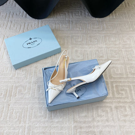 SLINGBACK PUMPS ATTACHED BOW IN WHITE GLOSSY CALFSKIN