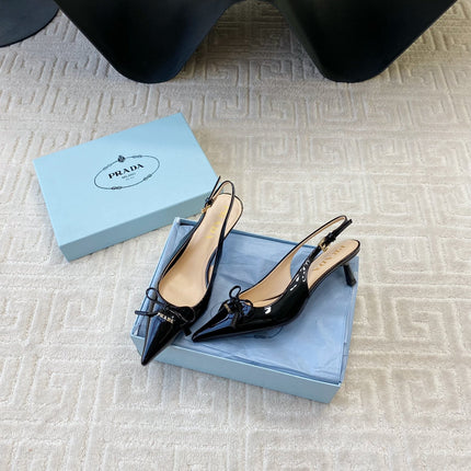 SLINGBACK PUMPS ATTACHED BOW IN BLACK GLOSSY CALFSKIN