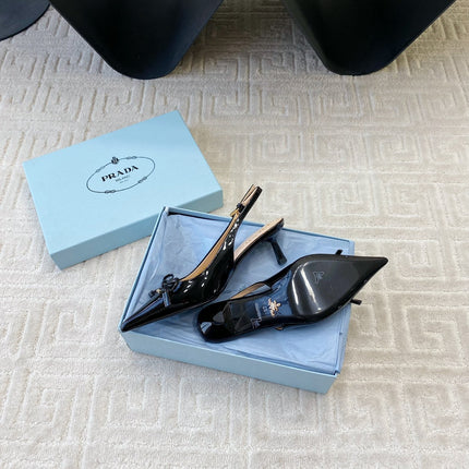 SLINGBACK PUMPS ATTACHED BOW IN BLACK GLOSSY CALFSKIN