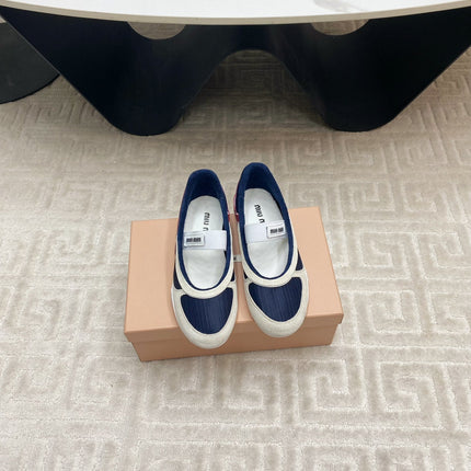 BALLET FLAT SHOES IN NAVY MESH AND WHITE SUEDE