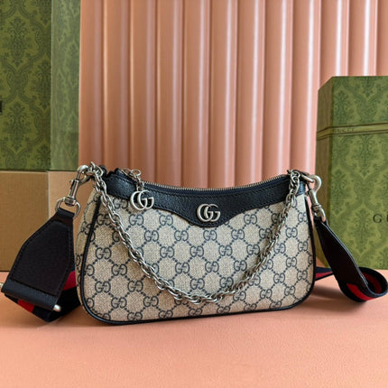 OPHIDIA SHOULDER BAG 25 IN GREY EBONY CANVAS AND BLACK LAMBSKIN SILVER HARDWARE