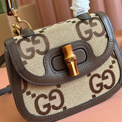 BAMBOO 1947 MINI BAG 17 IN BROWN CALFSKIN AND BEIGE CANVAS