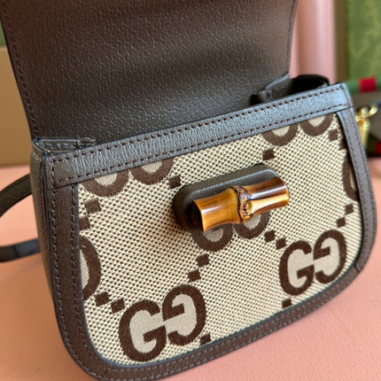 BAMBOO 1947 MINI BAG 17 IN BROWN CALFSKIN AND BEIGE CANVAS