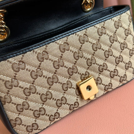 MARMONT MEDIUM SHOULDER BAG 22 IN BEIGE AND BROWN GG CANVAS BLACK CALFSKIN